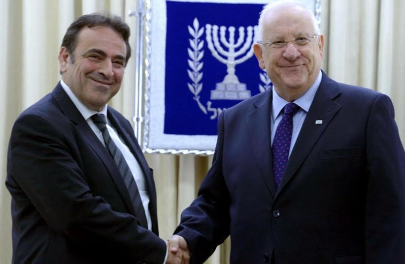 Joel Margi (L), the President of Consistoire, the umbrella organization of French Jewry with President Reuven Rivlin. (photo credit: Mark Neiman/GPO)