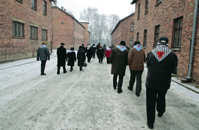 Survivors walk inside Auschwitz before a ceremony to mark the 69th anniversary of its liberation.  (photo credit: REUTERS)