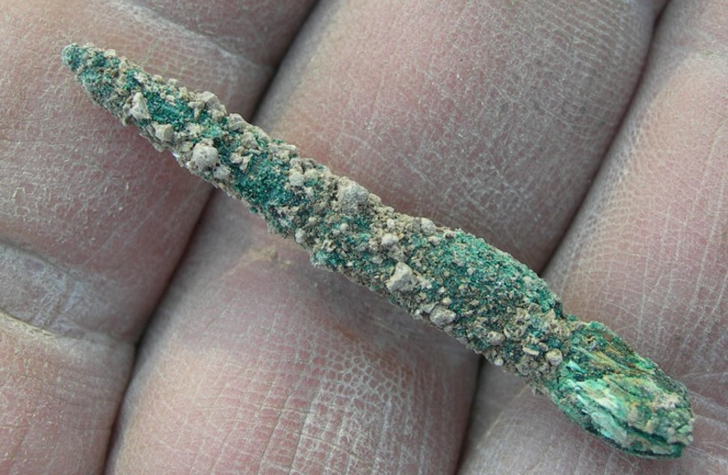 AN ARCHEOLOGIST holds the oldest metal object ever discovered in the Middle East, a 4-centimeter copper awl. (photo credit: COURTESY OF UNIVERSITY OF HAIFA)
