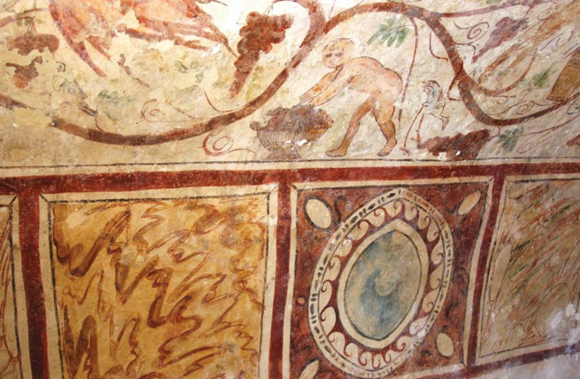 The frescoes at coastal burial sites depict several goddesses, a flute player, the entire process for manufacturing wine and much more. (photo credit: SHMUEL BAR-AM)