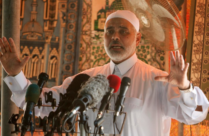Senior Hamas leader Ismail Haniyeh delivers a speech during Friday prayers, September 5, 2014.  (photo credit: REUTERS)