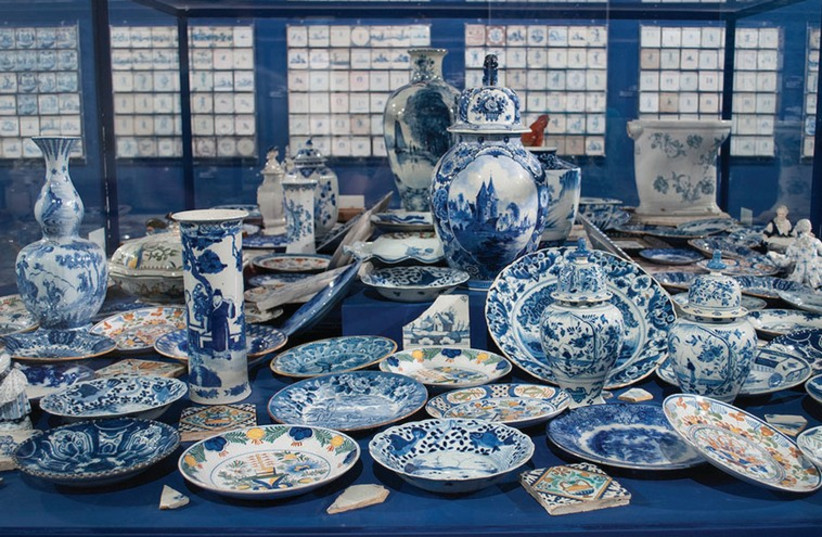 A variety of blue and white Delft tiles crafted in the 17th and 18th centuries is on display at the Tel Aviv Museum of Art.  (photo credit: YULIA TSUKERMAN)