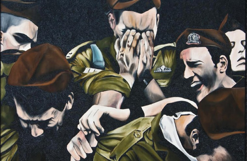 'Funeral' depicts friends of a fallen IDF soldier weeping and comforting each other at a military funeral (photo credit: PAINTING BY TOMER PERETZ)