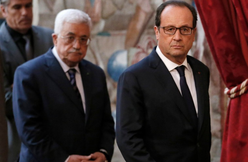PA President Mahmoud Abbas and French President Francois Hollande, Paris September 19, 2014.  (photo credit: REUTERS)