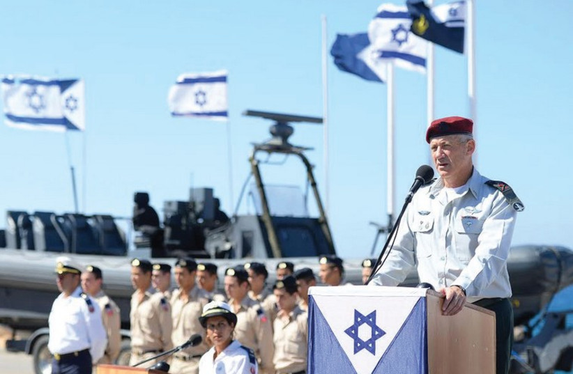 Chief of Staff Lt.-Gen. Benny Gantz delivers an address in Atlit praising the successes of the elite ‘Shayetet 13’ naval commando unit. (photo credit: IDF SPOKESMAN'S OFFICE)
