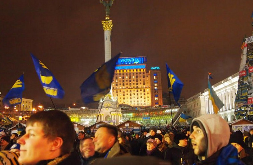 Svoboda supporters in Kiev's Maidan Square in December (photo credit: SAM SOKOL)