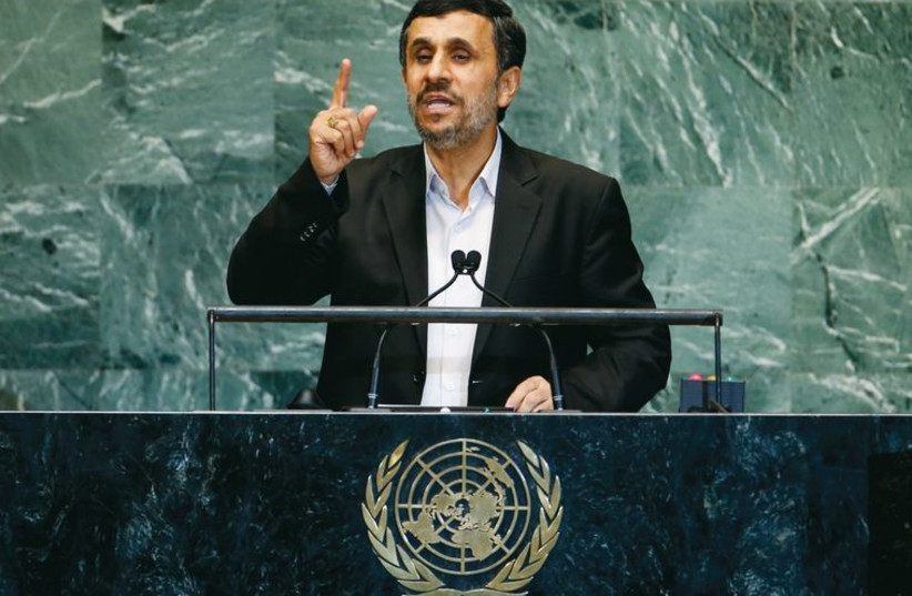 Former Iranian president Mahmoud Ahmadinejad addresses the UN General Assembly in New York in 2012. (photo credit: REUTERS)