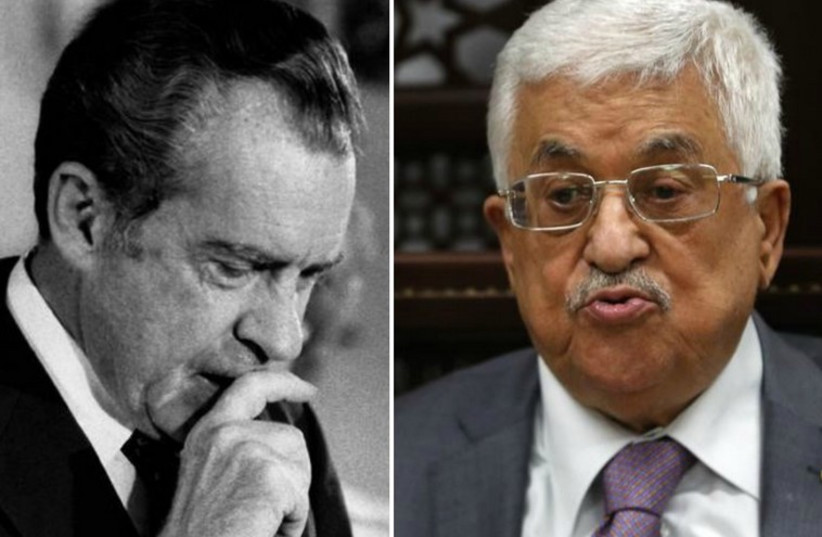 Former US President Richard Nixon (L) and Palestinian Authority President Mahmoud Abbas (photo credit: REUTERS)
