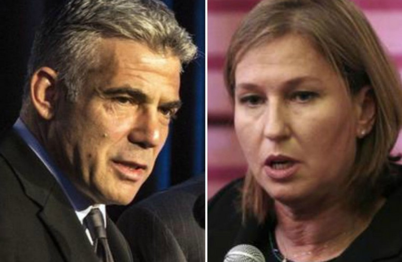 Finance Minister Yair Lapid (L) and Justice Minister Tzipi Livni (photo credit: REUTERS)