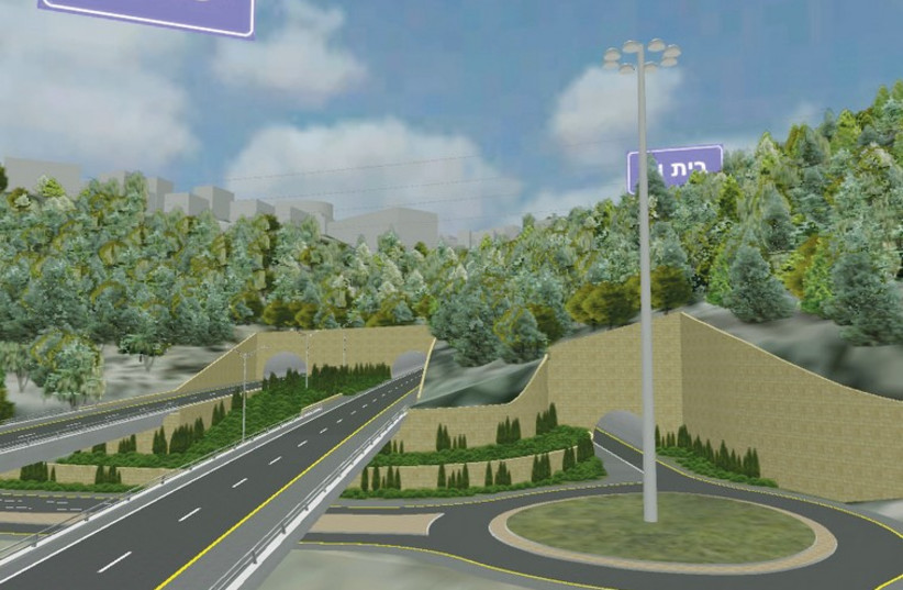 THIS COMPUTER-GENERATED illustration shows some of the impact the projected Route 16 interchange will have on what is left of the Jerusalem Forest. (photo credit: NETIVEI ISRAEL)