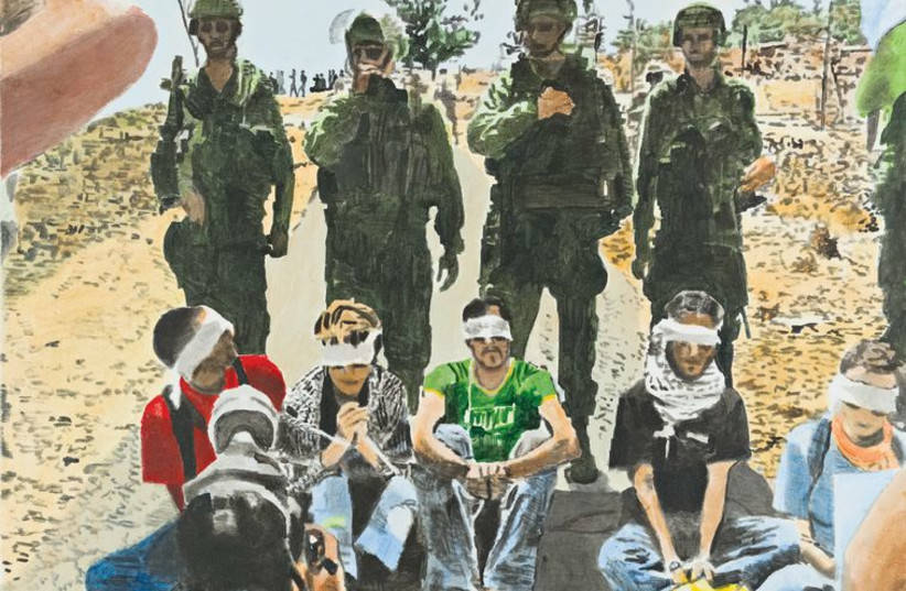 Israeli security forces stand watch over detained protesters as the media capture the moment, a painted interpretation of a film still. (photo credit: DAVID REEB)