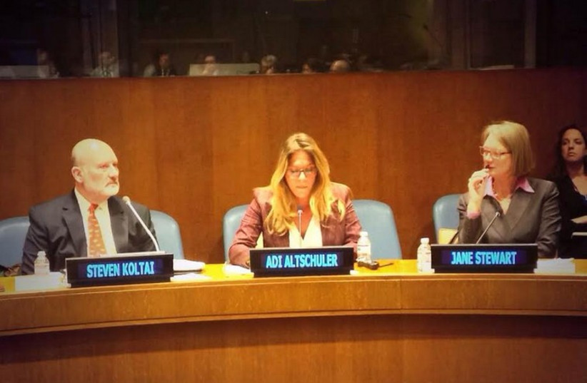 ENTREPRENEUR ADI Altschuler (center) addresses a panel at the UN November 3 (photo credit: ISRAEL MISSION TO THE UN)