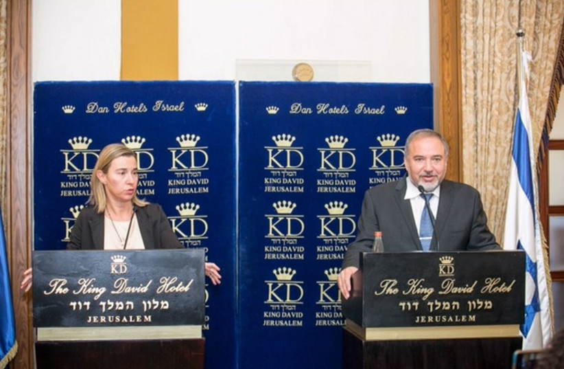 Foreign Minister Avigdor Liberman, EU's new foreign policy chief, Federica Mogherini at at Jerusalem's King David Hotel (photo credit: NOAM MOSKOVICH)