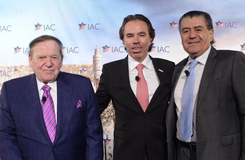 Sheldon Adelson, Shawn Evenhaim and Haim Saban at IAC conference (photo credit: SHAHAR AZRAN)