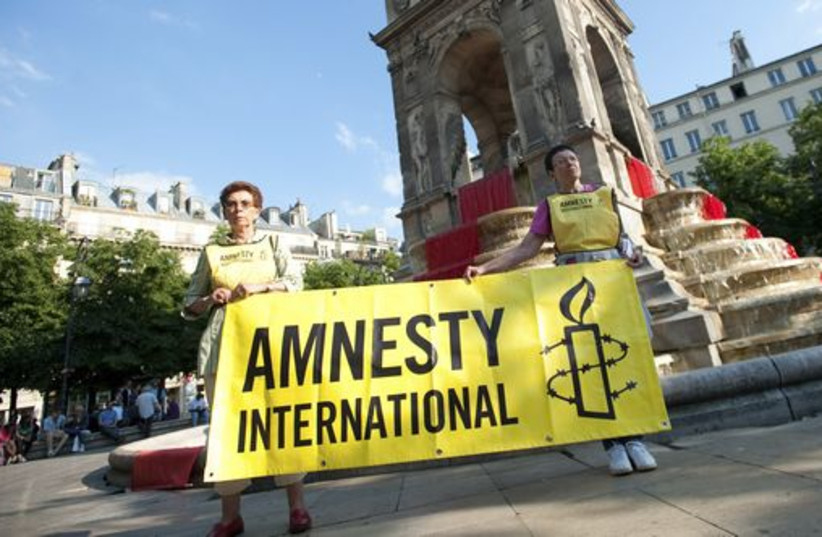 Activists of Amnesty International demonstrate to show their support with the Syrian people at the Fontaine des Innocentes in Paris May 29, 2012. (photo credit: REUTERS)