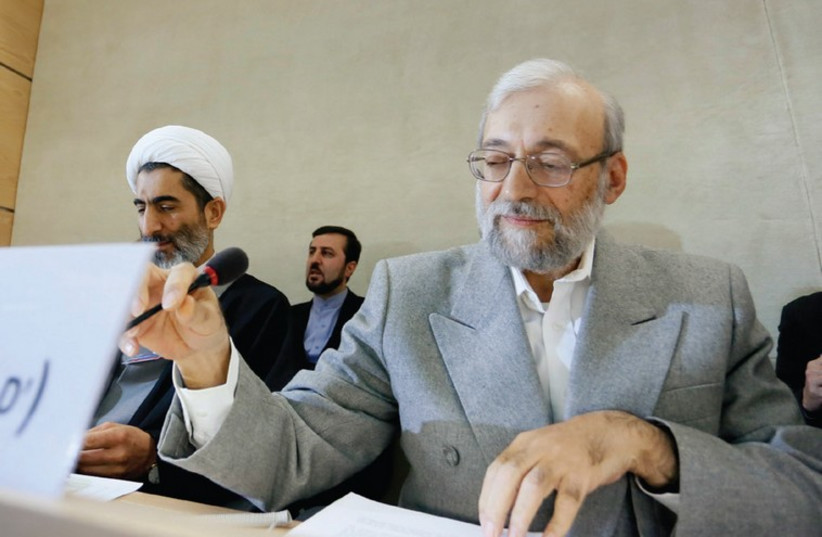 Mohammad Javad Larijani (front, right), secretary of Iran’s High Council for Human Rights (photo credit: REUTERS)