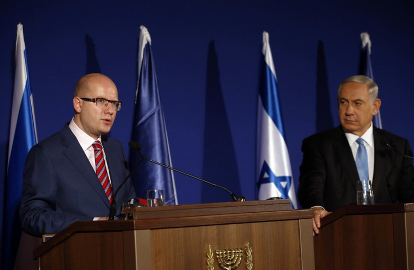 Czech Republic's Prime Minister Bohuslav Sobotka speaks during joint statements with Binyamin Netanyahu (photo credit: REUTERS)