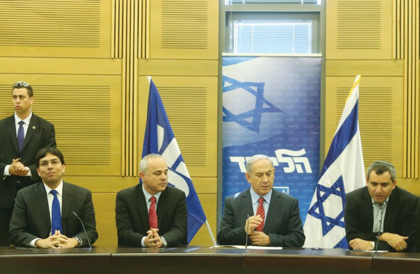 Danny Danon, Yuval Steinitz, Benjamin Netanyahu and Ze’ev Elkin. (photo credit: MARC ISRAEL SELLEM/THE JERUSALEM POST)