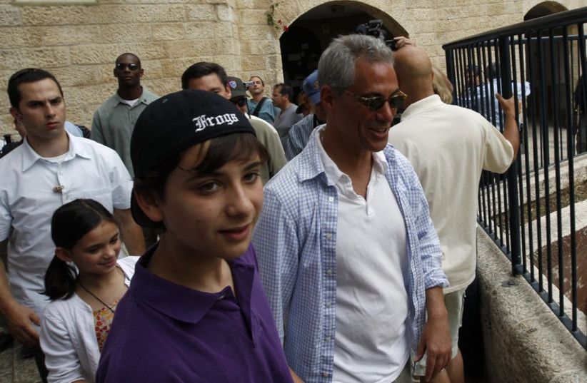 Rahm Emanuel (R) and his son Zach visit the Jewish Quarter of Jerusalem's Old City May 27, 2010. (photo credit: REUTERS)