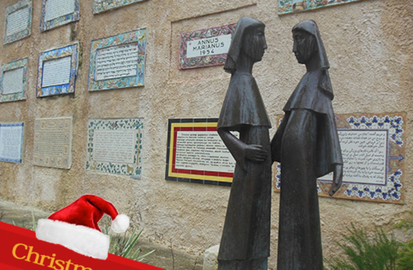  Statue of pregnant Mary and Elizabeth at the Church of the Visitation in Ein Karim (photo credit: ARIEL COHEN)