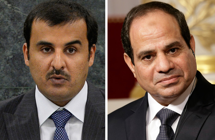 Egyptian President Abdel Fattah al-Sisi and Sheikh Tamim bin Hamad Al-Thani, Amir of the State of  Qatar. (photo credit: REUTERS)