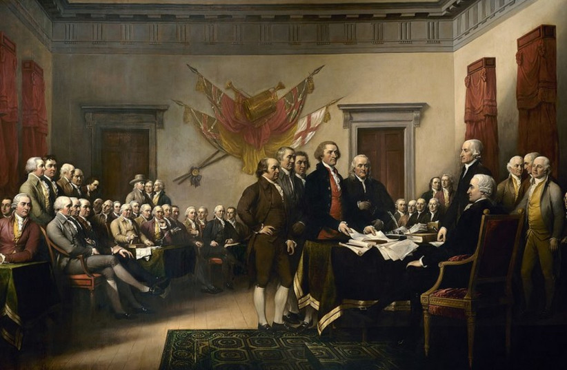 A painting by John Trumbull depicting the Committee of Five presenting their draft of the Declaration of Independence to Congress, June 28, 1776 (photo credit: Wikimedia Commons)