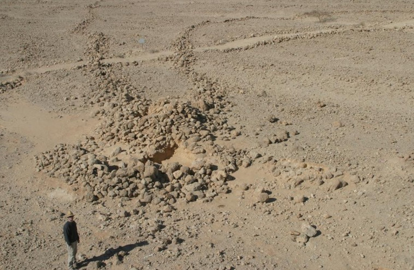 A kite by Kibbutz Samar, where two undulating walls are leading towards the round head. An Early Bronze Age grave (tumulus) was later built on top of the kite, and we found in it human and cattle bones, tiny beads and a stele. (photo credit: UNIVERSITY OF HAIFA)