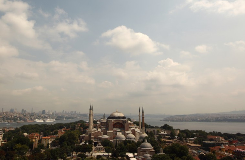 The Byzantine monument of Hagia Sofia (Ayasofya) is seen from the top of one of the minarets of the Sultanahmet mosque in Istanbul (photo credit: REUTERS)