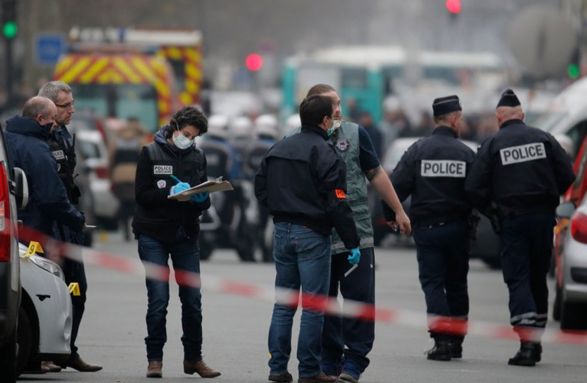 Scene of Paris magazine shooting, January 7, 2015 (photo credit: REUTERS)