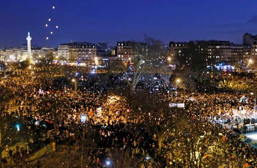 A general view shows hundreds of thousands of French citizens taking part in a solidarity march in the streets of Paris January 11, 2015 (photo credit: REUTERS)