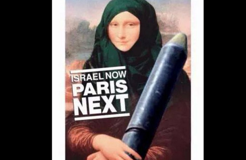 Israeli embassy in Ireland posted a picture of Mona Lisa in Islamic headdress holding a rocket (photo credit: TWITTER)