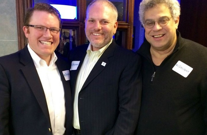 From left to right, Aaron Keyak, JFNA's William Daroff and Steve Rabinowitz at the soft launch of Bluelight Strategies (photo credit: Courtesy)