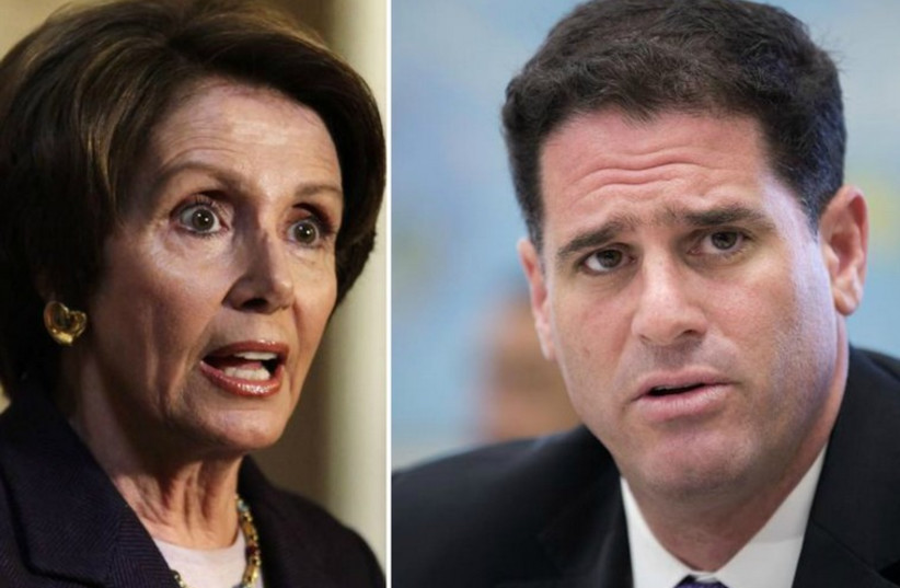 Israeli ambassador to US Ron Dermer (R) and US Representative Nancy Pelosi (D.-Cal.) (photo credit: REUTERS)