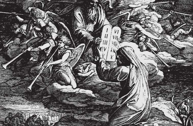 Moses receives God’s Holy Commandments, in a woodcut by Julius Schnorr von Carolsfeld from ‘Die Bibel in Bildern,’ 1860. (photo credit: Wikimedia Commons)