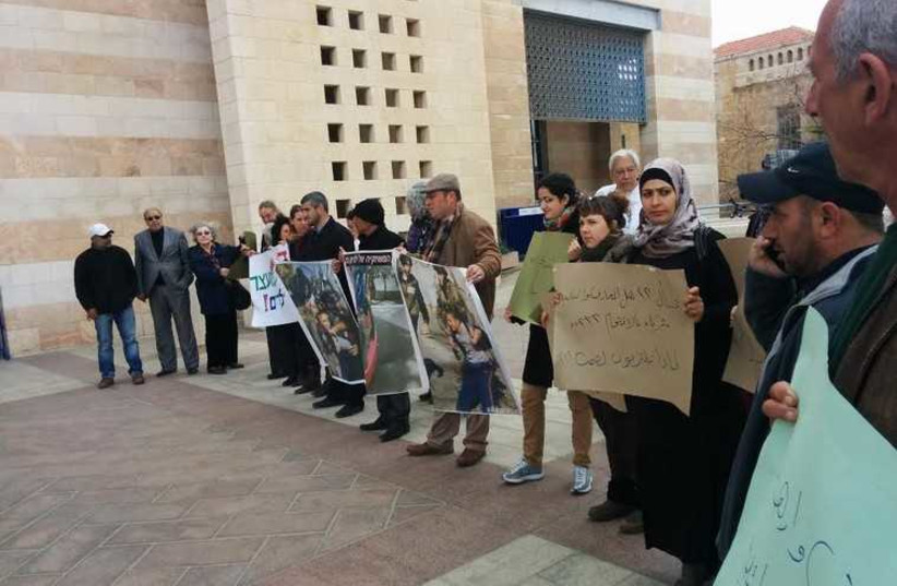 PROTESTERS GATHER in Jerusalem’s Safra Square Sunday morning to protest the arrest of Arab children in east Jerusalem (photo credit: COURTESY OF FREE JERUSALEM)