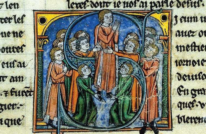 Godfrey of Bouillon (center) as depicted in a 13th Century illustration at the British Museum (photo credit: Courtesy)