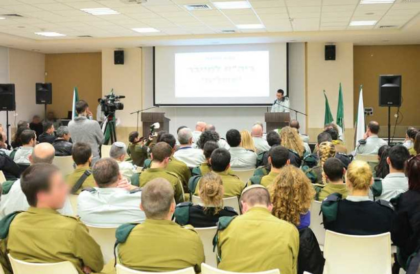 IDF OFFICERS attend the ceremony marking the opening of a Military Intelligence Branch school in Ashalim in the South (photo credit: IDF SPOKESMAN’S UNIT)