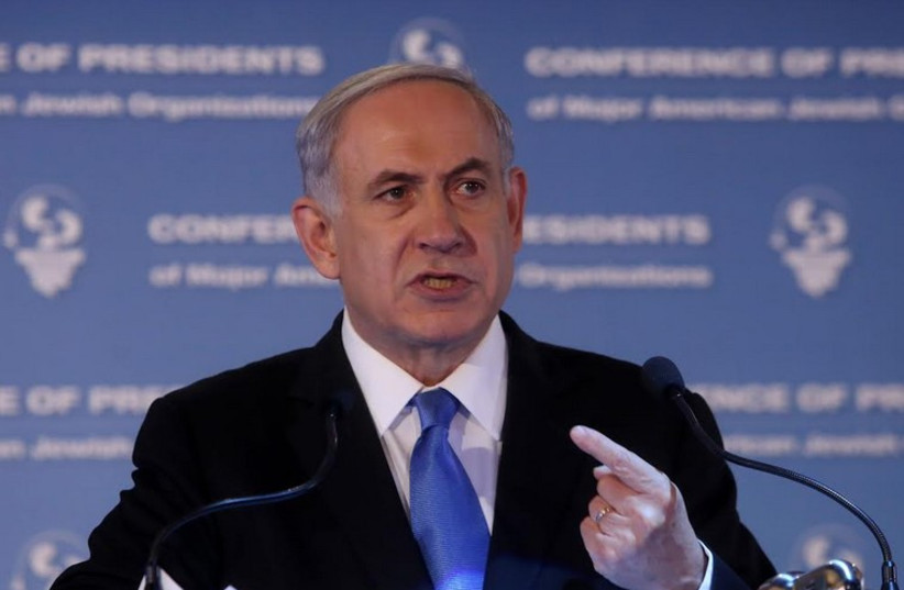 Prime Minister Benjamin Netanyahu speeks at the Conference of Presidents in Jerusalem, February 16, 2015 (photo credit: MARC ISRAEL SELLEM/THE JERUSALEM POST)