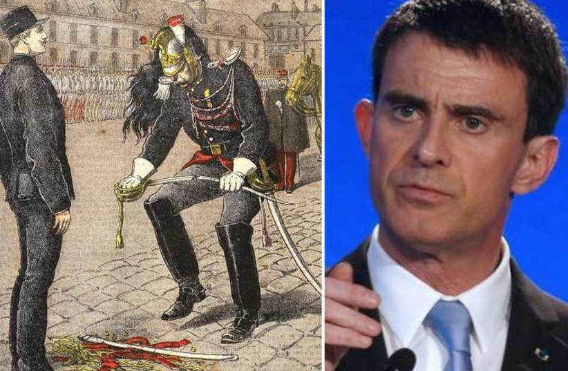 French Prime Minister Manuel Valls (R) and the Dreyfus affair (photo credit: REUTERS,Wikimedia Commons)