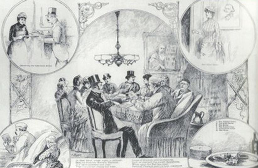 AN 1889 DRAWING of a Seder in New York City with the image of George Washington in the right hand corner next to the door being opened to greet Elijah (photo credit: COURTESY DAVID GEFFEN)