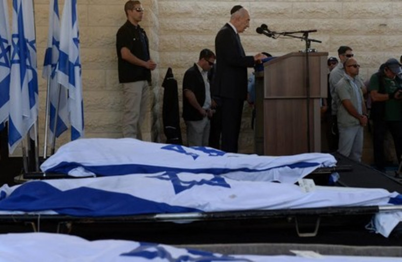 President Shimon Peres eulogizes at funeral of Eyal, Naftali, Gil-Ad