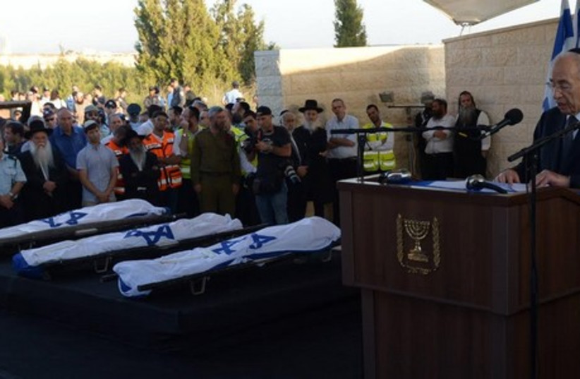 President Shimon Peres eulogizes at funeral of Eyal, Naftali, Gil-Ad