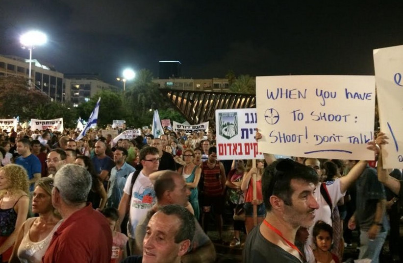 Rally in solidarity with southern Israeli citizens at Tel Aviv's Rabin Square. 
