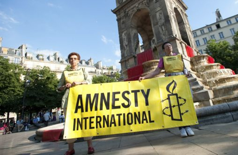 Activists of Amnesty International demonstrate to show their support with the Syrian people at the Fontaine des Innocentes in Paris May 29, 2012. (credit: REUTERS)