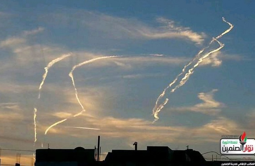 Photograph reportedly showing Syrian air defenses reacting to IDF strikes near Damascus. (credit: ARAB SOCIAL MEDIA)