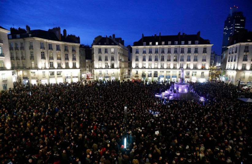 Tribute at the Place Royal in Nantes following the shooting at the Paris office of satirical magazine Charlie Hebdo