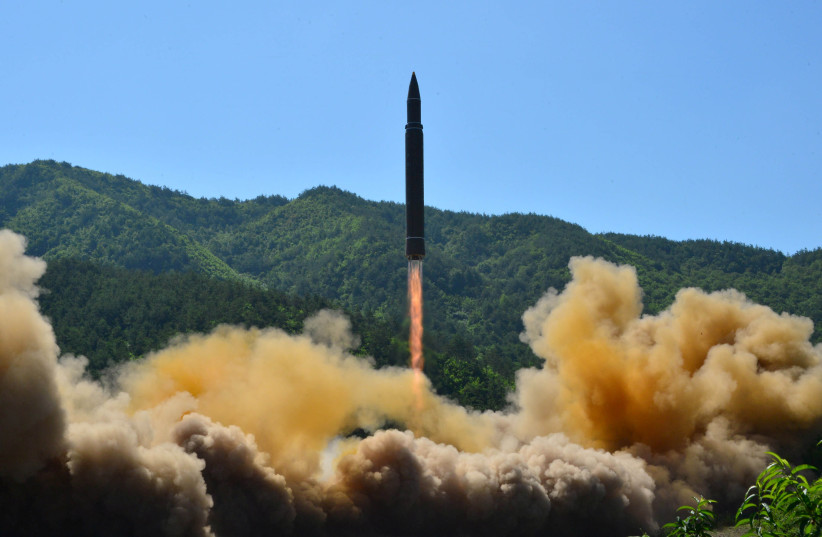 The intercontinental ballistic missile Hwasong-14 is seen during its test in this undated photo released by North Korea's Korean Central News Agency (KCNA) in Pyongyang, July 5 2017. (photo credit: REUTERS)
