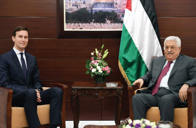 PALESTINIAN PRESIDENT Mahmoud Abbas meets with White House senior adviser Jared Kushner in Ramallah in June. ( (photo credit: REUTERS)