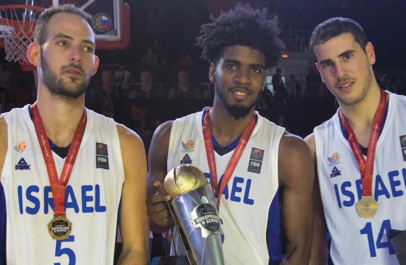 Israel national team players (from left) Amit Simhon, Shawn Dawson and Oz Blayzer (photo credit: RUSSIA BASKETBALL ASSOCIATION)