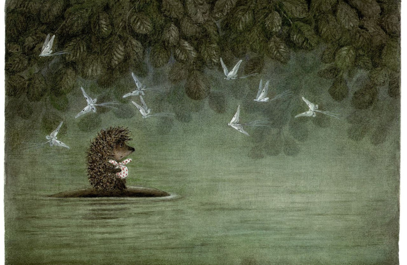 A reproduction of a scene from Yuri Norstein’s acclaimed 1970s film ‘Hedgehog in the Fog.’ (photo credit: ALTMANS GALLERY)